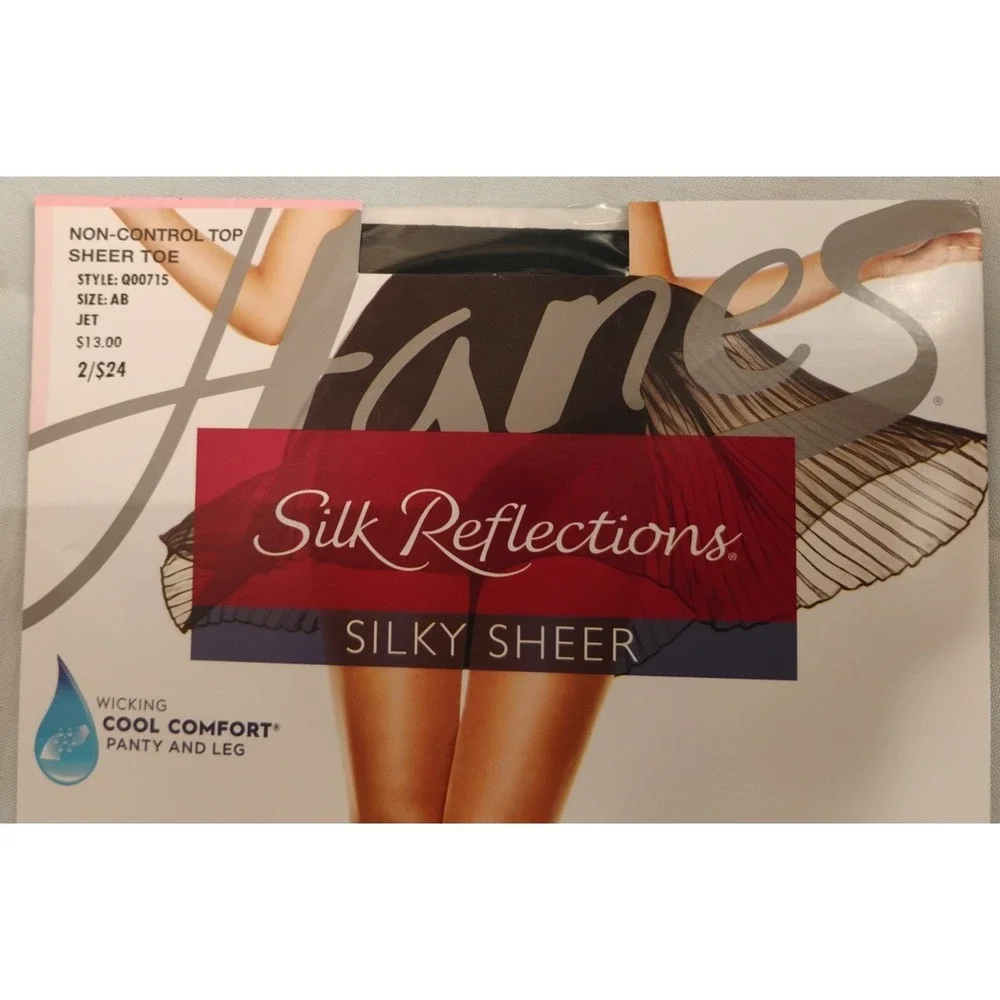 New Hanes Silk Reflections Silky Sheer Non Control Top Jet Pantyhose Size AB 715